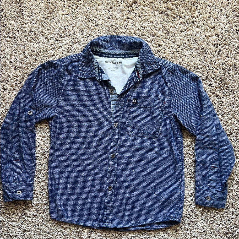Calvin Klein Blue Textured Long-Sleeve Button-Down Shirt